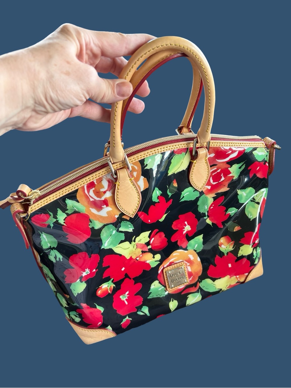 Dooney & Bourke Black Floral Patent Satchel with Tan Trim